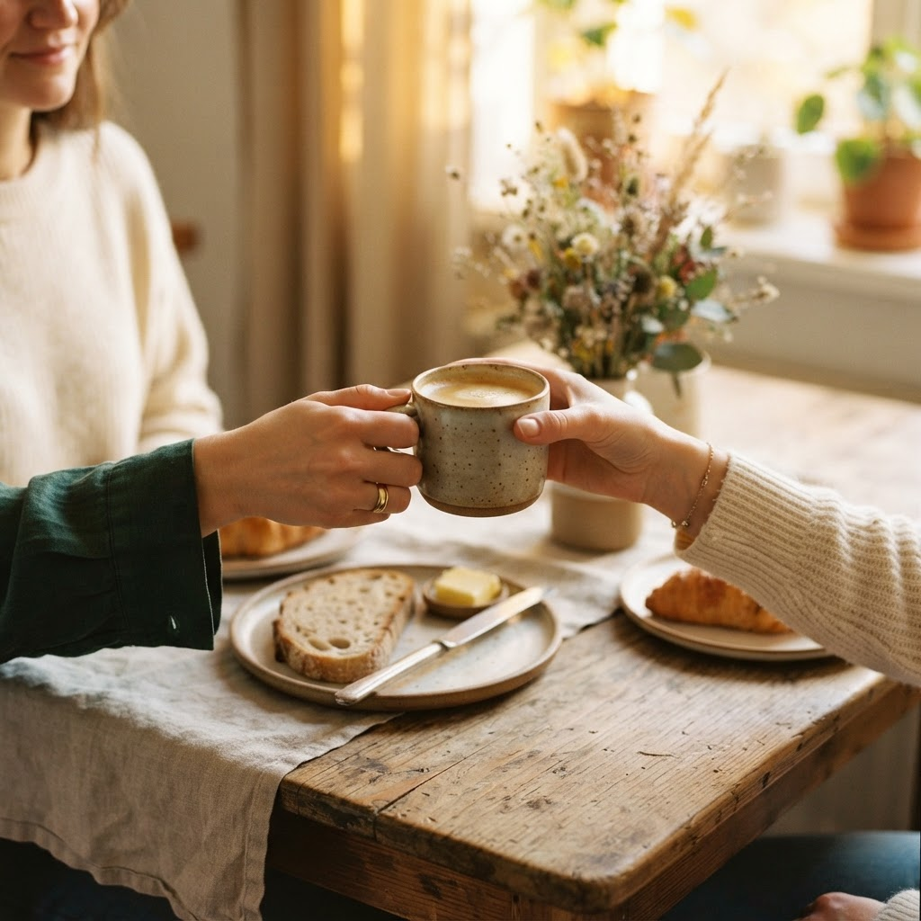 Twee mensen delen een kop koffie aan een gezellige ontbijttafel